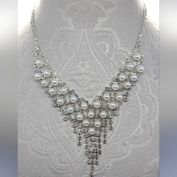 Fancy Rhinestone Pearl Jewelry Set Dangle Earrings Classic Wedding Bridal Bride - Picture 5 of 11